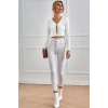 Kadın Beyaz Uzun Kollu Önden Bağlama Detaylı Crop Top Bluz