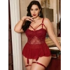 Kadın Bordo Dantelli Transparan Büyük Beden Fantezi Gecelik Takımı 8002