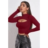 Kadın Bordo Göğüs Dekolteli Uzun Kollu Cut Out Crop Top Bluz