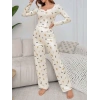 Kadın Ekru Ayıcık ve Fiyonk Desenli Yumuşak Pamuklu Uzun Pijama Takımı 5129