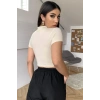 Kadın Ekru Göğüs Dekolteli Yarım Kollu Cut Out Crop Top Bluz