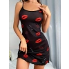 Kadın Elbise Kırmızı Dudak Desenli Askılı Seksi Elbise