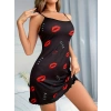 Kadın Elbise Kırmızı Dudak Desenli Askılı Seksi Elbise