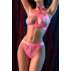 Kadın Fantazi Seksi Pembe Bant Detaylı İç Giyim Takımı, Fetiş Tarz İki Parça Transparan Set