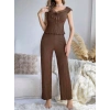 Kadın Kahverengi Kurdela Detaylı Yumuşak Pamuklu Uzun Pijama Takımı 5135