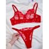 Kadın  Kalpli Kırmızı Dantelli Balenli  Sütyen Külot Takım