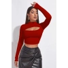 Kadın Kırmızı Göğüs Dekolteli Uzun Kollu Cut Out Crop Top Bluz