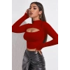 Kadın Kırmızı Göğüs Dekolteli Uzun Kollu Cut Out Crop Top Bluz