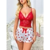 Kadın Kırmızı Kalp Desenli Şort Askılı Dantel Üst Pijama Takımı 2218