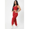 Kadın Kırmızı Kaşkorse Cepli Jogger Eşofman Altı Ve Crop Top Bluz