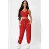 Kadın Kırmızı Kaşkorse Cepli Jogger Eşofman Altı Ve Crop Top Bluz