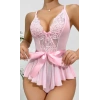 Kadın  Kontrast Dantel Kemerli Teddy Body Gecelik 2118