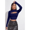 Kadın Lacivert Göğüs Dekolteli Uzun Kollu Cut Out Crop Top Bluz