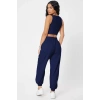 Kadın Lacivert Kaşkorse Cepli Jogger Eşofman Altı Ve Crop Top Bluz