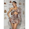 Kadın Leopar Desenli Tek Omuzlu Oyuk Detaylı Bükümlü Seksi Mini Elbise