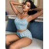 Kadın Mavi Çizgili Desenli Askılı Şortlu Pijama Takım 5001