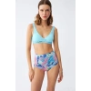 Kadın Pedli Üst Tropik Desenli Yüksek Bel Bikini Takımı - Buz Mavisi