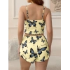Kadın Sarı Kelebek Desenli Askılı Şortlu Ribana Pijama Takımı,Rahat ve Şık Ev Giyim,Kadın Pijama