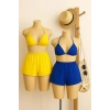 Kadın Sarı Ve Mavi Şortlu Belden Ve Boyundan Bağlamalı Bikini Takımı