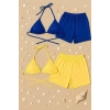 Kadın Sarı Ve Mavi Şortlu Belden Ve Boyundan Bağlamalı Bikini Takımı