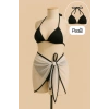 Kadın Siyah Beyaz Pareolu Yandan Ve Boyundan Bağlamalı 3lü Bikini Takımı