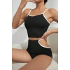Kadın Siyah Beyaz Şortlu Cut-out Detaylı Gecelik Takımı