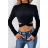 Kadın Siyah Çapraz Bel Detaylı Dik Yaka Uzun Kol Crop Top Bluz
