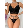 Kadın Siyah Çift Sıra Çapraz Askılı Cut-out Tanga Detaylı Şık Takım