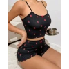 Kadın Siyah Çilek Desenli Seksi Gecelik Takım 5020