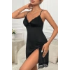 Kadın Siyah Dantelli Fiyonklu Ve Yırtmaçlı Şık Gecelik