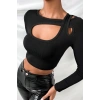 Kadın Siyah Göğüs Dekolteli Çapraz Askılı Uzun Kollu Crop Top Bluz