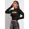 Kadın Siyah Göğüs Dekolteli Uzun Kollu Cut Out Crop Top Bluz