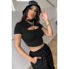 Kadın Siyah Göğüs Dekolteli Yarım Kollu Cut Out Crop Top Bluz