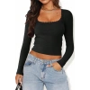 Kadın Siyah Kare Yaka Dantelli Uzun Kollu Crop Top Bluz