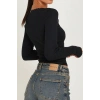 Kadın Siyah Kare Yaka Dantelli Uzun Kollu Crop Top Bluz