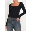 Kadın Siyah Kare Yaka Dantelli Uzun Kollu Crop Top Bluz