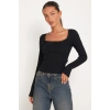 Kadın Siyah Kare Yaka Dantelli Uzun Kollu Crop Top Bluz