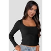 Kadın Siyah Kare Yaka Dantelli Uzun Kollu Crop Top Bluz