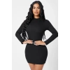 Kadın Siyah Kaşkorse Balıkçı Yaka Uzun Kollu Bodycon Mini Elbise