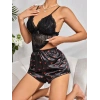 Kadın Siyah Kırmızı Kalp Desenli Saten Şort Pijama Takımı 2232