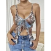 Kadın Siyah Leopar desenli Crop Askılı Önden Bağlama Fırfır detaylı 5091