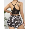 Kadın Siyah Leopar desenli Dantel detaylı Şortlu Gecelik Pijama Takımı 5055