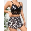 Kadın Siyah Leopar desenli Dantel detaylı Şortlu Gecelik Pijama Takımı 5055