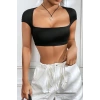 Kadın Siyah Sırt Dekolteli Ve Boyundan Bağlamalı Yarım Kol Crop Top Bluz