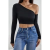 Kadın Siyah Tek Omuz Detaylı Uzun Kol Crop Top Bluz