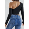 Kadın Siyah Tek Omuz Detaylı Uzun Kol Crop Top Bluz