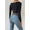 Kadın Siyah Uzun Kol Göğüs Dekolteli Şık Crop Top Bluz