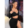 Kadın Siyah Uzun Kol Göğüs Ve Göbek Dekolteli Fermuarlı Crop Top Bluz