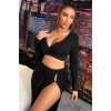 Kadın Siyah Uzun Kol Göğüs Ve Göbek Dekolteli Fermuarlı Crop Top Bluz