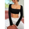 Kadın Siyah Uzun Kol Göğüs Ve Sırt Dekolteli Crop Top Bluz